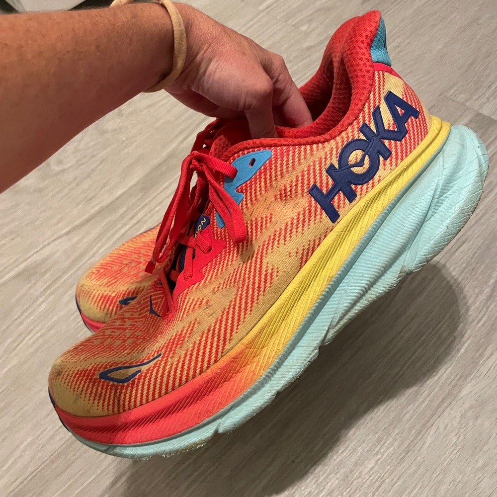 Hoka Vibrant Red and Yellow Athletic Shoes